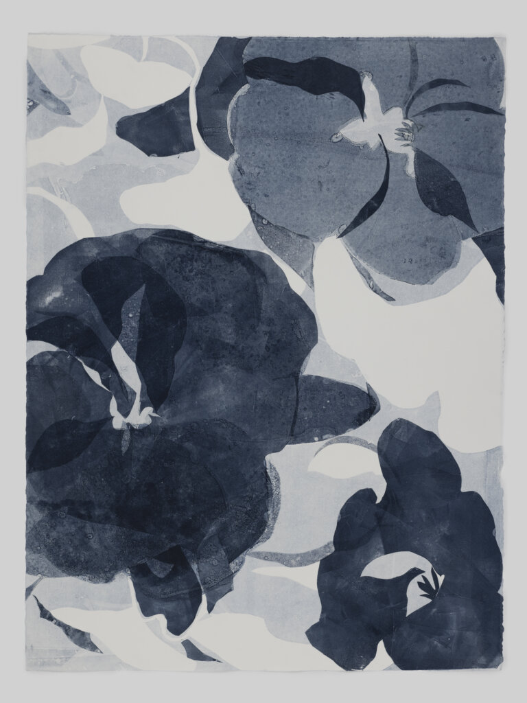 many layered nasturtium flowers in shades of pale blue, indigo, and white