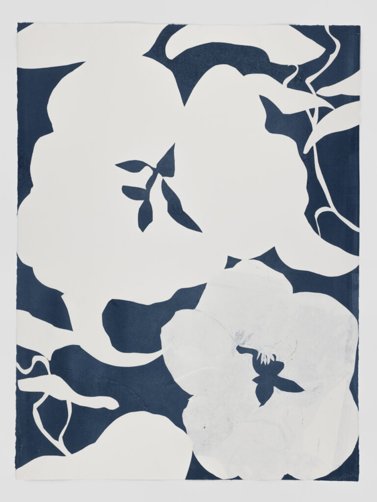 silhouetted nasturtium flowers in white against an indigo background