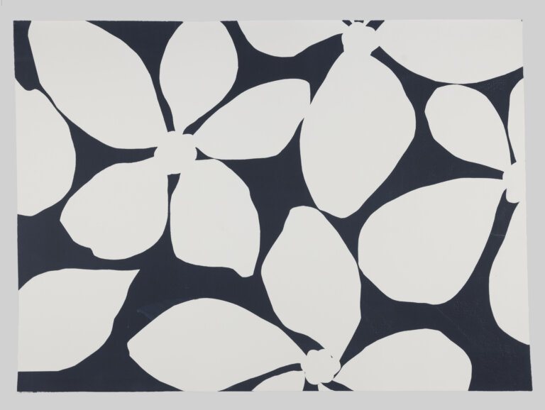 silhouettes of flowers in white against a deep navy background