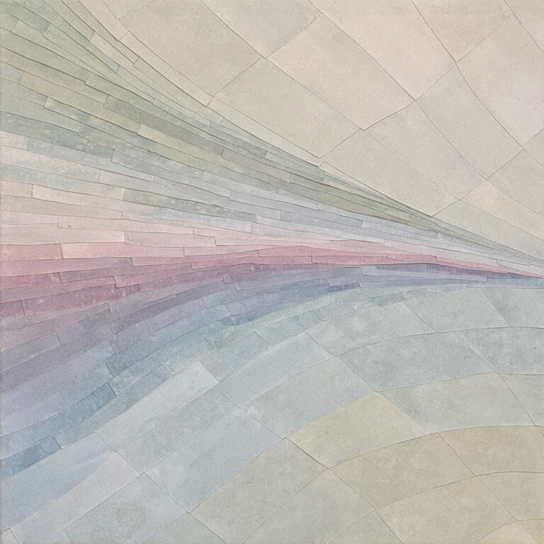 an abstract layered art piece that has a geological feel. the pieces move together in a soft swell. the colors are an ombre of tans, soft greens, taupe, periwinkle, mauve, and stone