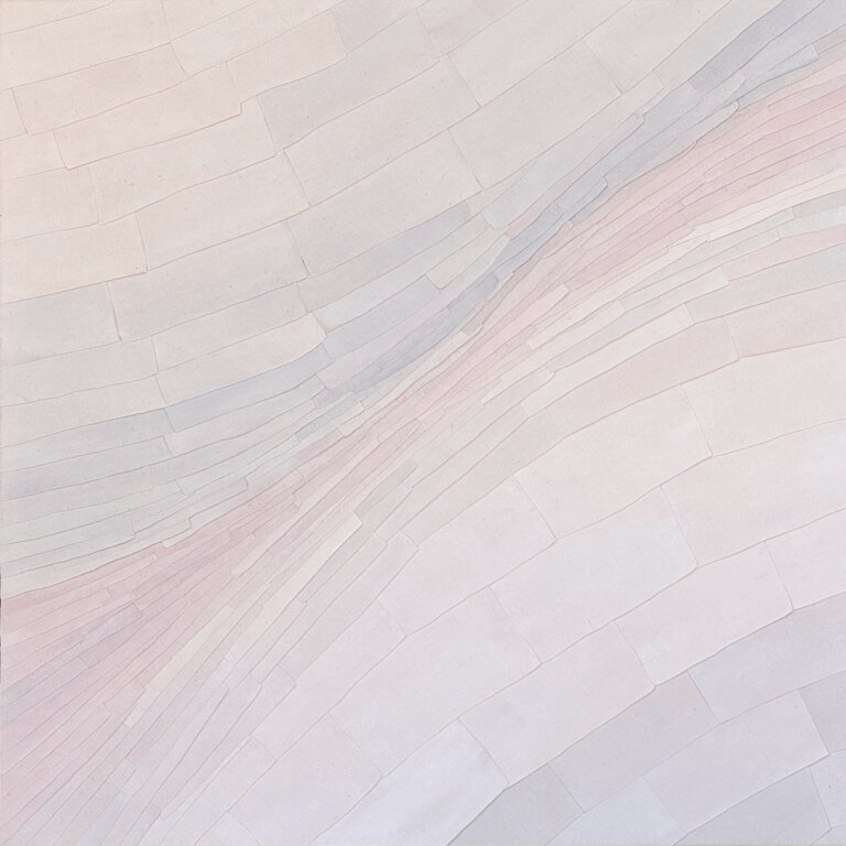 an abstract layered art piece that has a geological feel. the pieces move together in a soft swell. the colors are an ombre of lilac, lavender, pale pink, and soft taupe