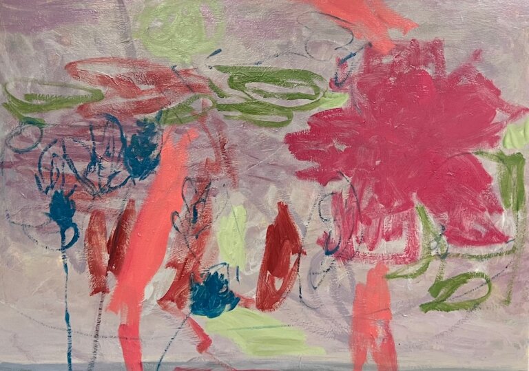 an abstract floral piece with a large raspberry colored flower along with several other vaguely floral shapes in coral, red, and pink against a mixed mauve and pale pink background. there are blue floral shapes painted in thin lines in the foreground and swirling green brushstrokes that evoke the sense of greenery.