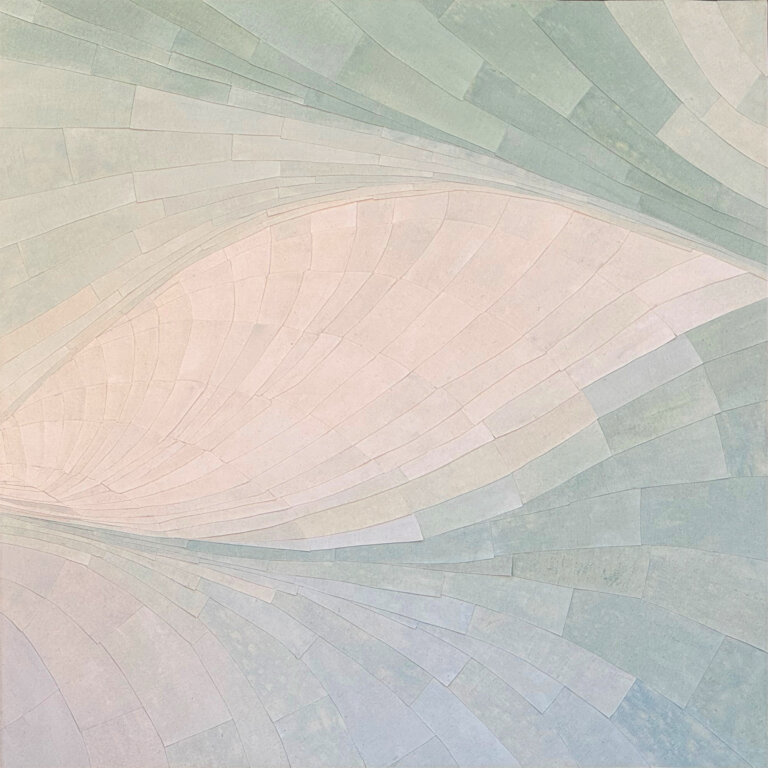 an abstract layered art piece that has a geological feel. the pieces move together in a soft swell. the colors are an ombre of mint, eucalyptus, taupe, periwinkle, and stone
