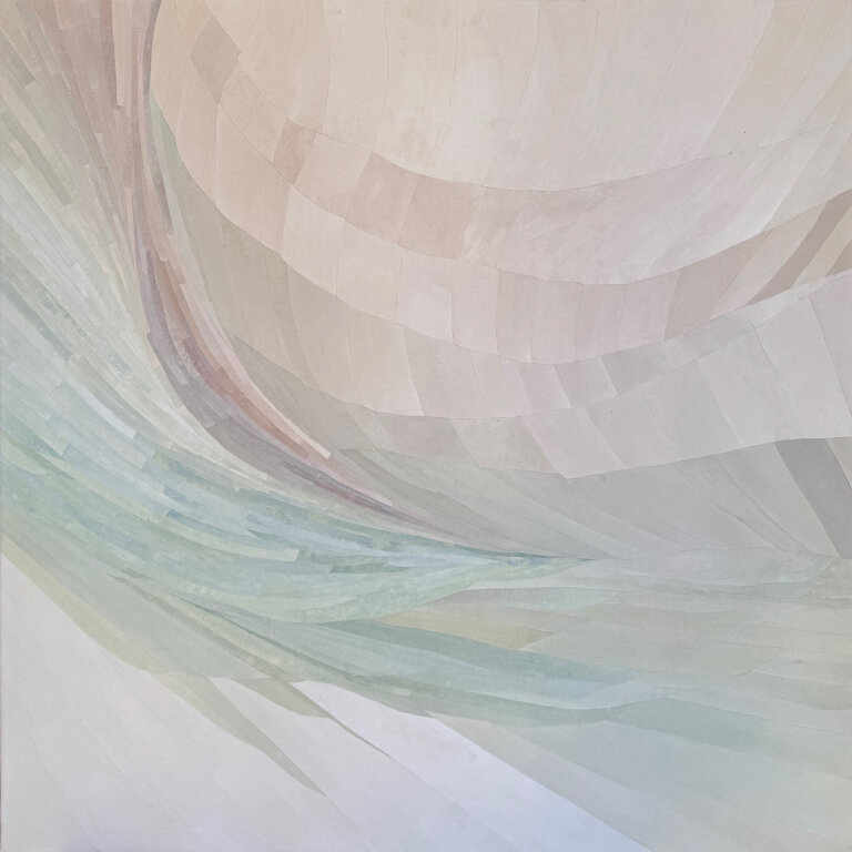 an abstract layered art piece that has a geological feel. the pieces move together in a soft swell. the colors are an ombre of taupe, tans, light greens, mauve, and dove