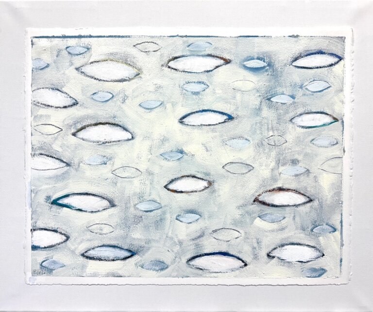an abstract piece that has ovoids traveling horizontally across the painting. the large ovoids are white with indigo and gray outlines, and the smaller ones are pale gray and pale blue with dark outlines. the background behind the ovoids is a mix of cream, blue, and gray