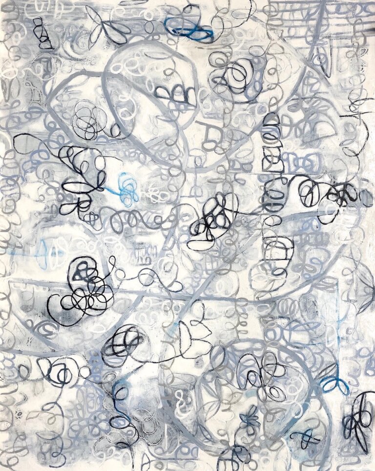 an abstract piece of art that has a cream colored background with tight coiled brushstrokes in gray and black tangled in the foreground. there is also a loose gray line that snakes its way across the painting. there are a few blue curls that are scattered throughout the painting