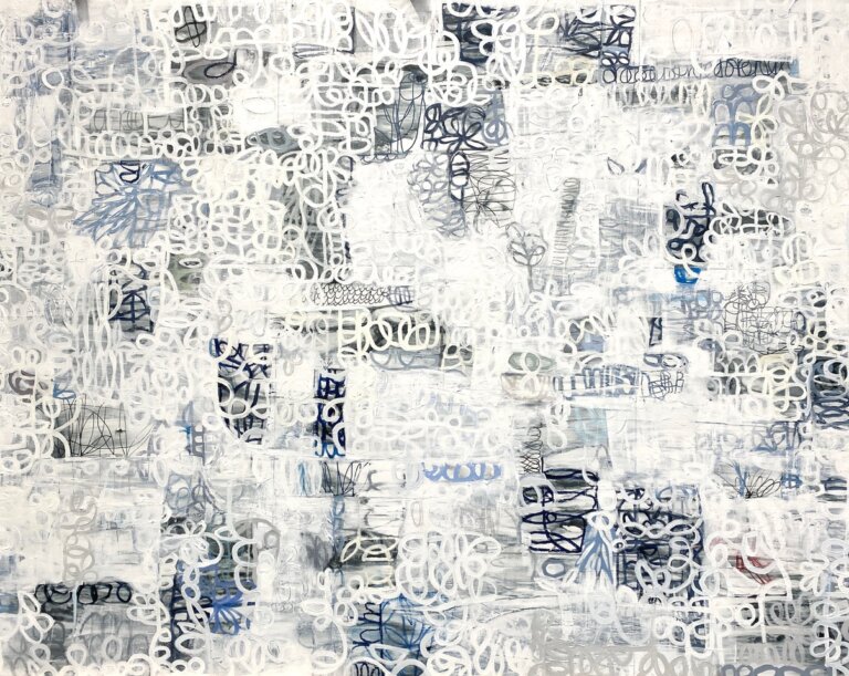 an abstract piece of art that has a cream colored background with tight coiled brushstrokes in white, gray, and black tangled across the piece, filling it. there are a few blue curls that are scattered throughout the painting