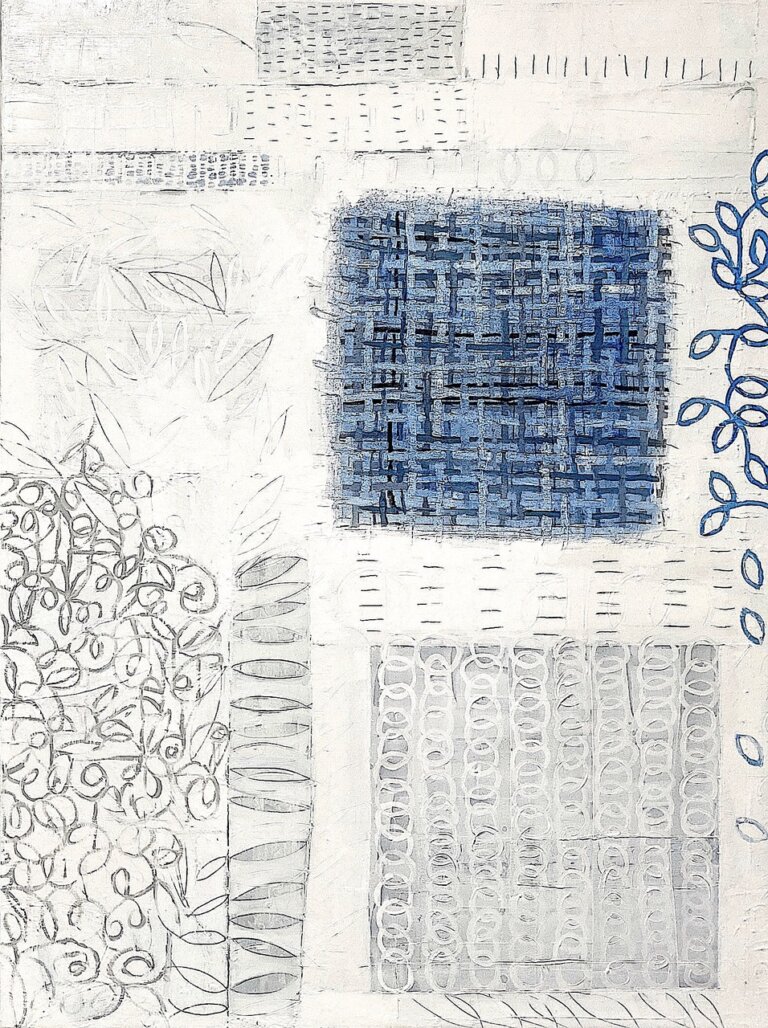 an abstract piece with a large woven pattern square in different shades of blue. there is another block in light gray with columns of white circle outlines. there is a mass of swirls in gray and a vine-like section in blues. the background is white, and there are markings in gray and black throughout that add a subtle texture to the piece overall
