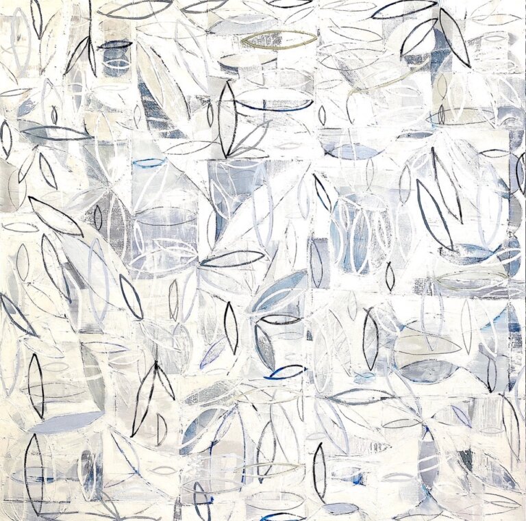 an abstract piece featuring a swirling mass of light blue and gray ovoid shapes repeated over and over in floral designs and there are lots of layers. there are markings in gray and black throughout that add a subtle texture to the piece overall