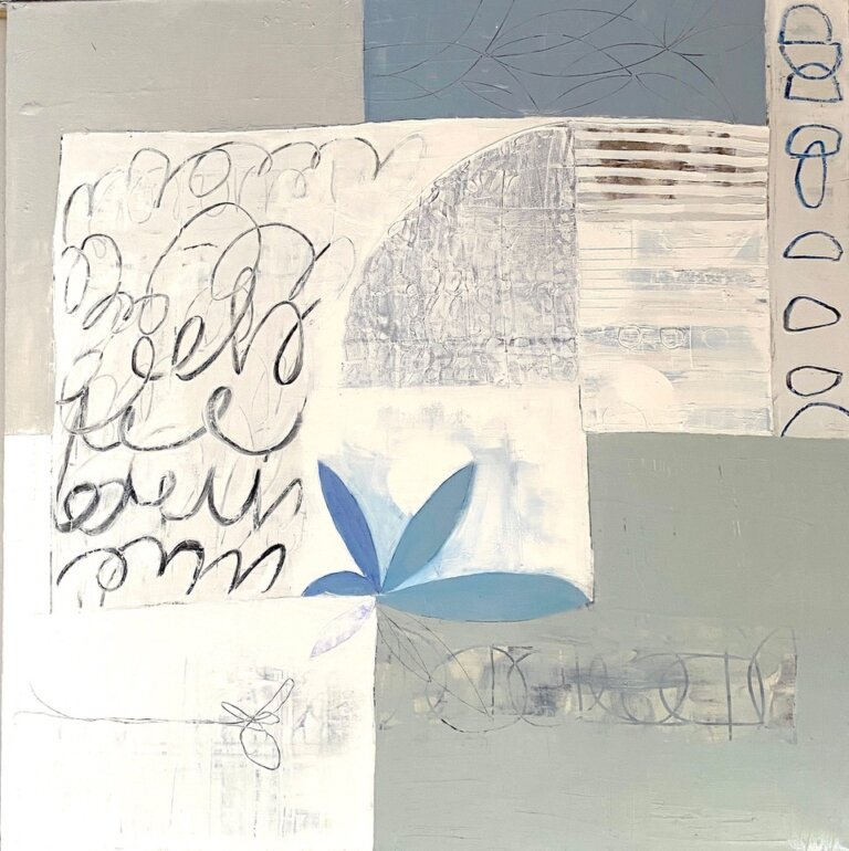 an abstract piece that has blocks of gray, white, and denim blue. there are gray swirling marks on top of one of the white blocks. there are four blue ovoids arranged in a slightly floral shape. there is a column of circular shapes outlines in indigo. there are markings in gray and black throughout that add a subtle texture to the piece overall