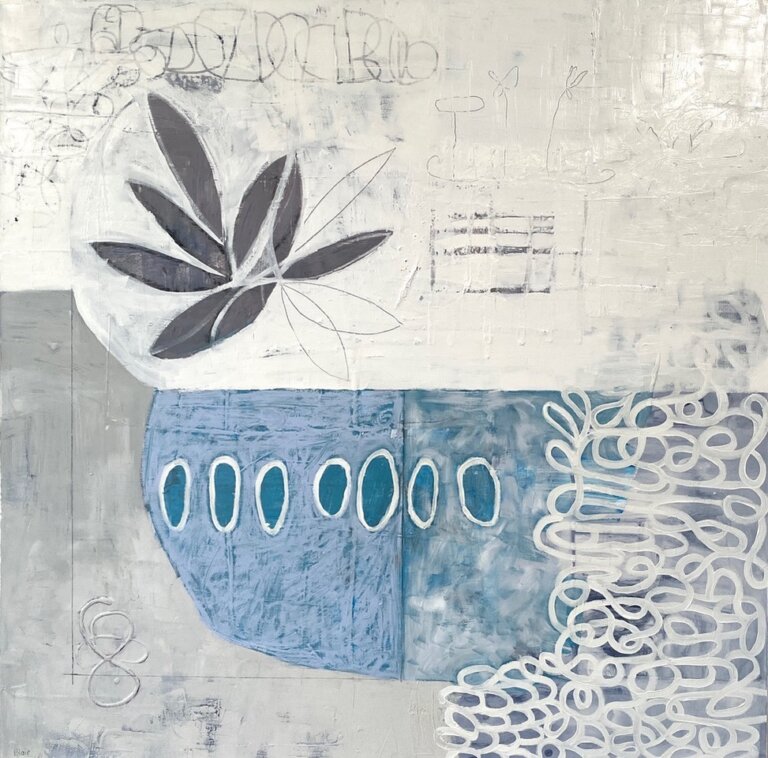 an abstract piece layered with different blues, grays, and whites. there is a ovular shape in blue with a row of deep blue ovals with white outlines. there is a tangle of white lines in the bottom right corner. there is a floral shape made of several ovoids in charcoal gray. the background is slate and white with markings in gray and black throughout that add a subtle texture to the piece overall