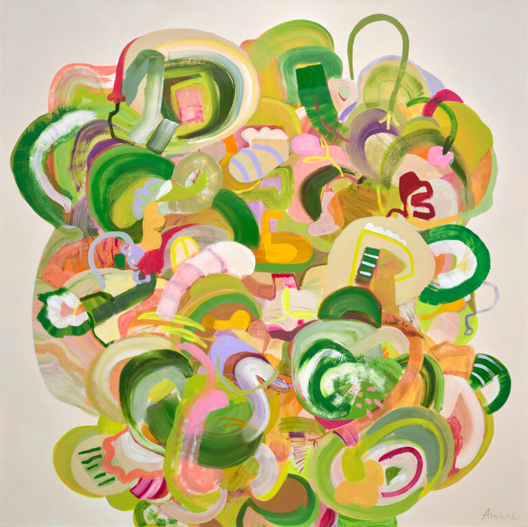 an abstract piece with a bouquet of floral shapes in the center of a pale tan background. the floral shapes are in all different colors, including lilac, lemon yellow, peach, sage, lime, tangerine, bubblegum pink, olive green, raspberry, rust, taupe, and several others.