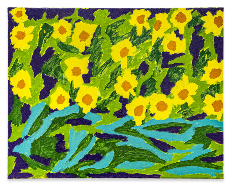 an abstract floral piece that shows yellow flowers with orange centers and green leaves and stems against a deep purple background. there is a section of teal blue at the bottom of the painting that emulates water