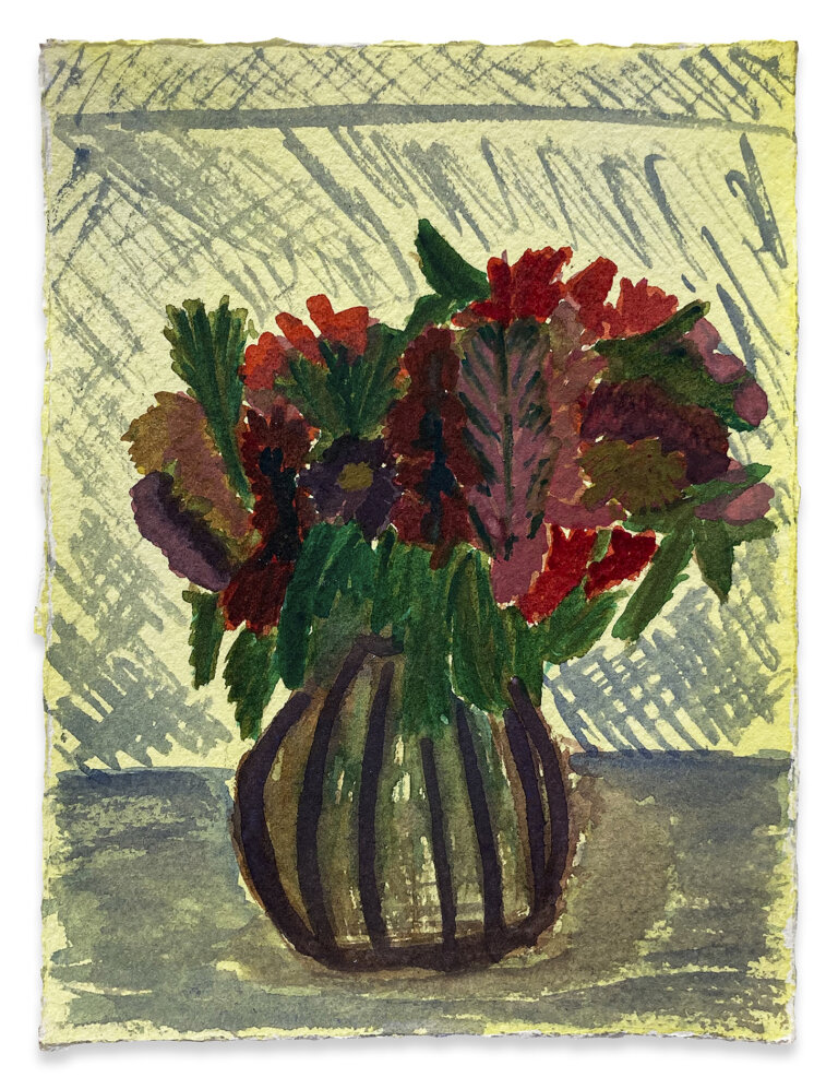 an abstract painting of a vase holding a bouquet of red, green, and purple flowers and foliage. the vase sits on a gray table. the background behind the bouquet is pale yellow with gray hatchmarks