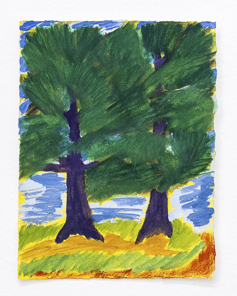 an abstract landscape showing two large trees with purple trunks and green foliage. the sky behind the trees is pale blue and dark blue. the ground at the base of the trees is lime green and goldenrod