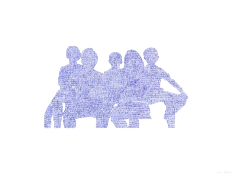 an abstract art piece depicting the silhouette of several figures in an row. the silhouette is filled in with tiny hatch marks of blue ballpoint pen