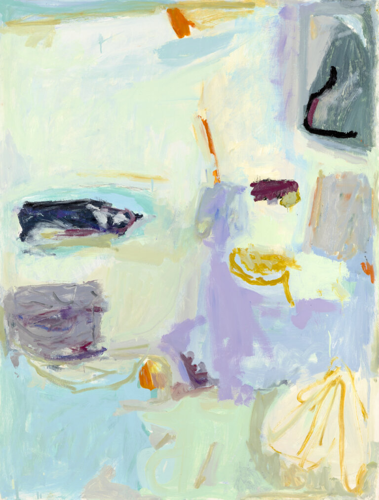 an abstract piece with roughly geometric shapes in shades of lilac, periwinkle, bright blue, lavender, mint green, and touches of black and tangerine