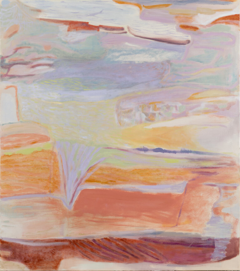 an abstract piece with roughly geometric shapes in shades of lilac, periwinkle, bright blue, lavender, and touches of magenta and pale pink