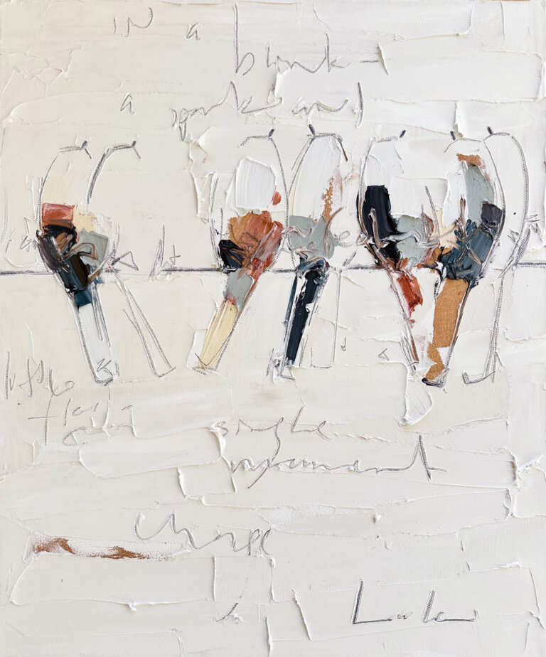 an abstract art piece with thick white paint as a background. there is a line horizontally about one third from the top of the painting that looks like a powerline. there are several birds on the line, but they are not solidly filled in. they have a few brushstrokes to fill them in in shades of tan, slate, cream, rust, and indigo. there is a few words in graphite on the background