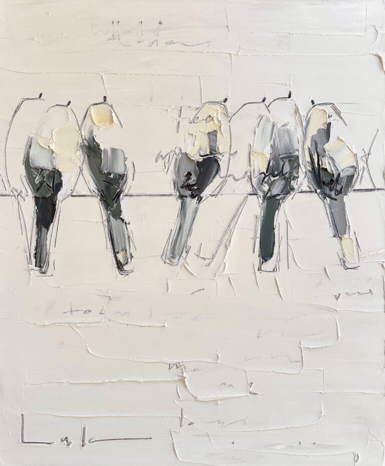 an abstract art piece with thick white paint as a background. there is a line horizontally about one third from the top of the painting that looks like a powerline. there are several birds on the line, but they are not solidly filled in. they have a few brushstrokes to fill them in in shades of tan, slate, cream, and indigo. there is a few words in graphite on the background