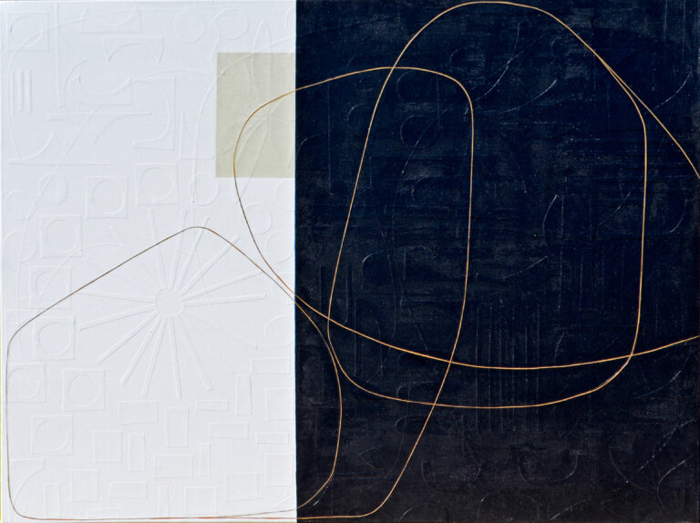 an abstract mixed media piece on canvas. the right 2/3 of the piece is a black, and the left 1/3 is white. there is a thin line in gold that snakes its way across the piece. On the surface, this canvas appears as though it consists of lines that form abstract shapes, atop geometrically straight rectangles, all applied by the stroke of a paintbrush. However, as you step forward the lines of these shapes disconnect from the canvas and you notice each was placed on by hand: using hand-cut, extremely fine thin strips of paper masterfully layered upon the canvas. Moreover, once this realisation sets in, you suddenly become aware of an entirely new layer of texture. Different hand-cut shapes of paper adhere to the canvas before any painting takes place. Creating a degree of texture and depth to delightfully unexpected.