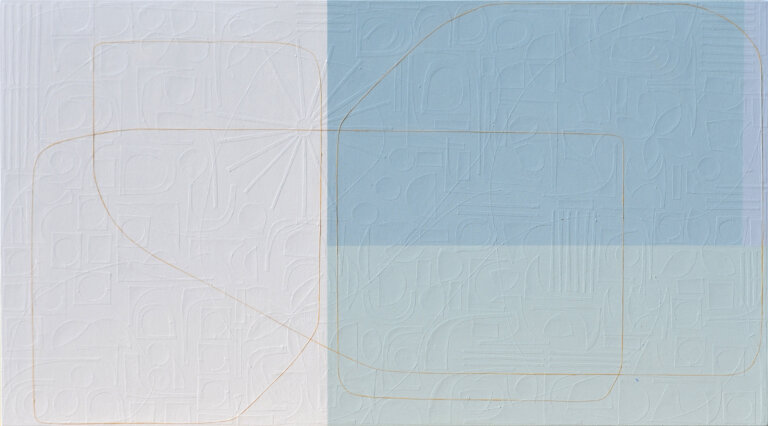 an abstract mixed media piece on canvas. the right 2/3 of the piece is a pale blue, almost white, and the left 1/3 is white. there is a thin line in tangerine that snakes its way across the piece. On the surface, this canvas appears as though it consists of lines that form abstract shapes, atop geometrically straight rectangles, all applied by the stroke of a paintbrush. However, as you step forward the lines of these shapes disconnect from the canvas and you notice each was placed on by hand: using hand-cut, extremely fine thin strips of paper masterfully layered upon the canvas. Moreover, once this realisation sets in, you suddenly become aware of an entirely new layer of texture. Different hand-cut shapes of paper adhere to the canvas before any painting takes place. Creating a degree of texture and depth to delightfully unexpected.