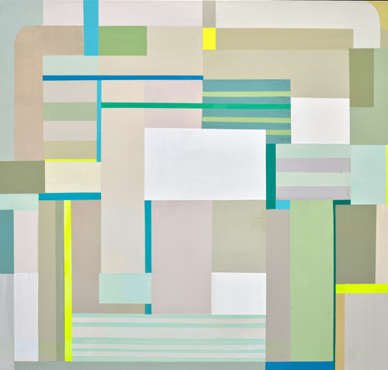 an abstract geometric art piece with color blocks in shades of taupe, sage green, lime, turquoise, beige, mint green, off white, and bright lemon yellow