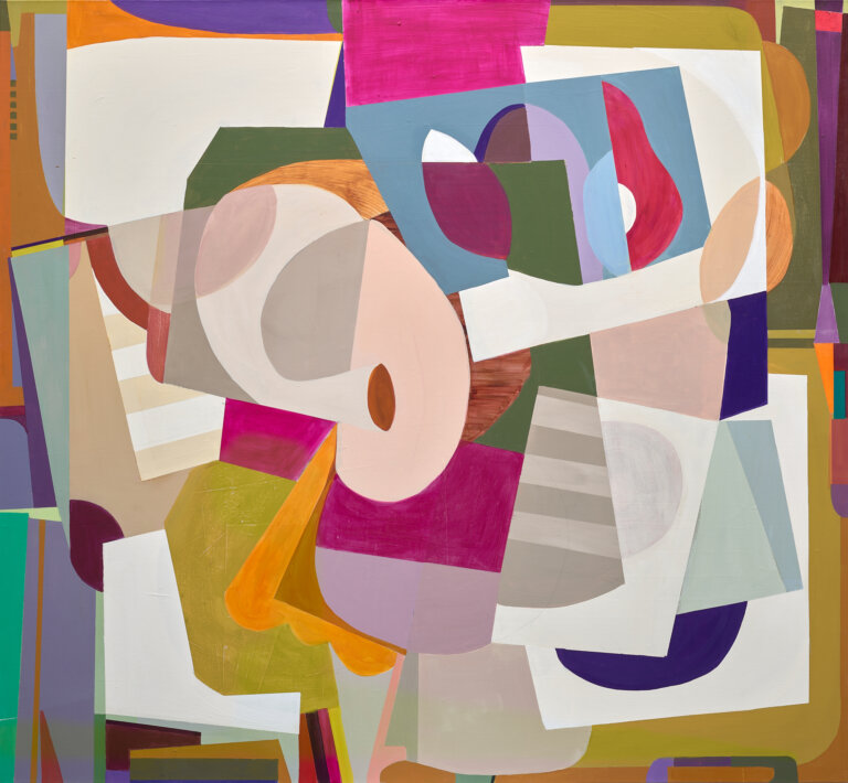 an abstract art piece with overlapping geometric shapes in different shades of taupe, magenta, tangerine, olive, grape, white, denim, beige, and pale pink