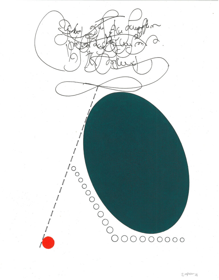 abstract drawing of one deep teal oval and a small red circle and a line of open circles with a black outline with black script-like squiggles above it
