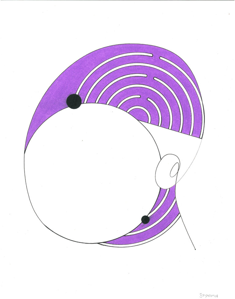abstract drawing of one white circle with a black outline and a purple oval next to it. there are two small black circles overlapping the main circle