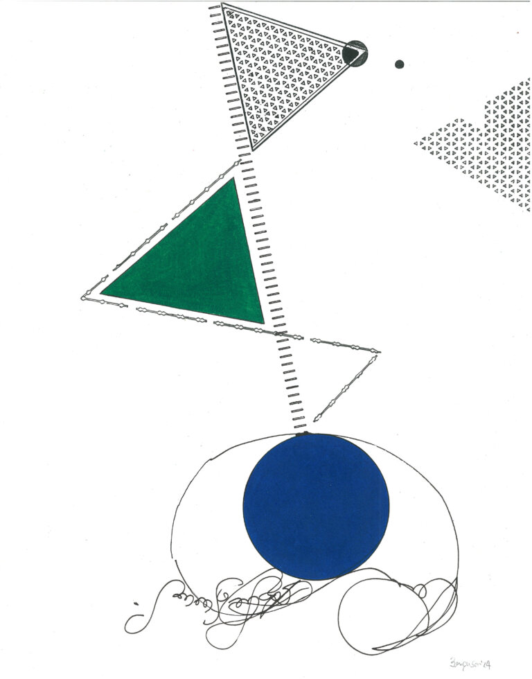 an abstract drawing of a green triangle and a blue circle with several chainlike marks and triangular shapes in black ink above a script-like line of black marks