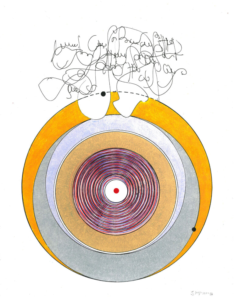 an abstract pen and pencil piece on white paper that has concentric circles in orange, gray, tawny, and purple. there is a cloud of script-like writing above the circles