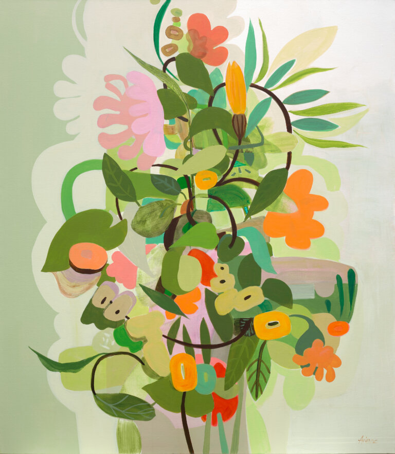 an abstract floral and botanical piece with a celadon colored background. there is a bouquet shape in the center of the piece with leaves and flowers in shades of green, orange, pink, red, and tan.
