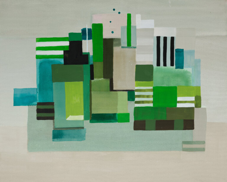 an abstract geometric piece with a gray and taupe background. there is a mass in the center of the piece in color blocks of green, turquoise, lime, white, and gray. a few of the color blocks are striped with green and white, green and brown, black and mint, and taupe and tan. there are four loose turquoise colored dots at the top center of the piece above the color blocks.