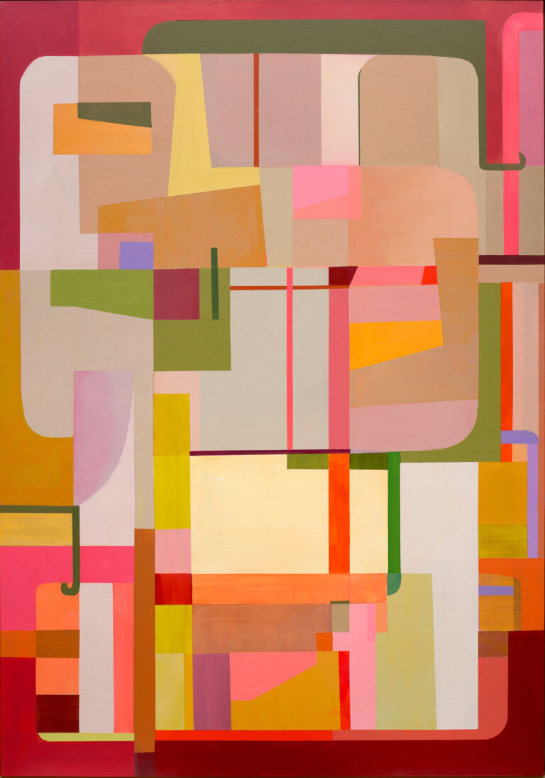 an abstract geometrical art piece in bright intersecting color blocks in shades of raspberry, hot pink, red, sage, orange, emerald, tangerine, vermillion, dove, coral, watermelon, lavender, and olive green.