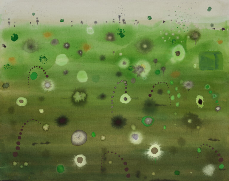 an abstract ink and mixed media painting on raw canvas. the majority of the canvas is colored bright green to olive ombre at the bottom. the top has a strip of cream that resembles a sky over a green field. there are many aura-like dots in shades of pale green, orange, olive, white, and lavender. there are little springy lines of dots in different shades of purple that add a playful element to the piece.