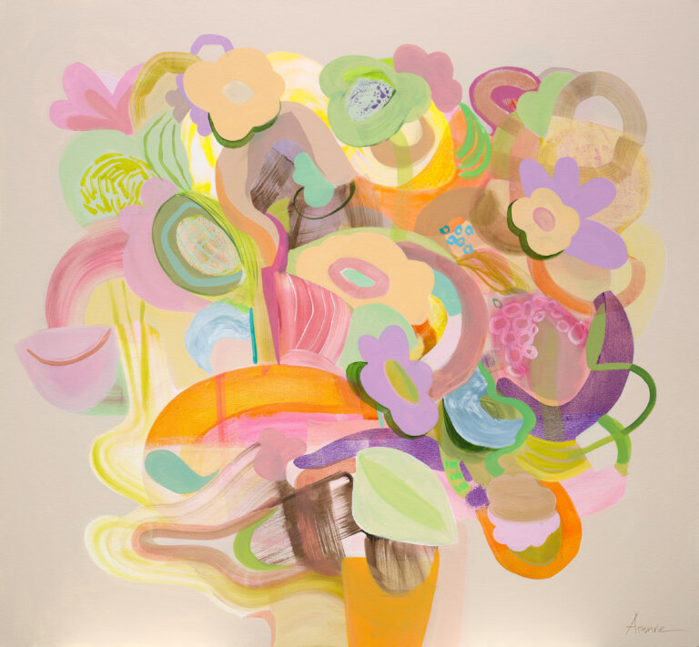 an abstract art piece with a tan background and a center mass with vaguely floral shapes. the shapes are in bright colors of pink, lime, tangerine, raspberry, purple, mint, periwinkle, and accented with brown and creamsicle orange.