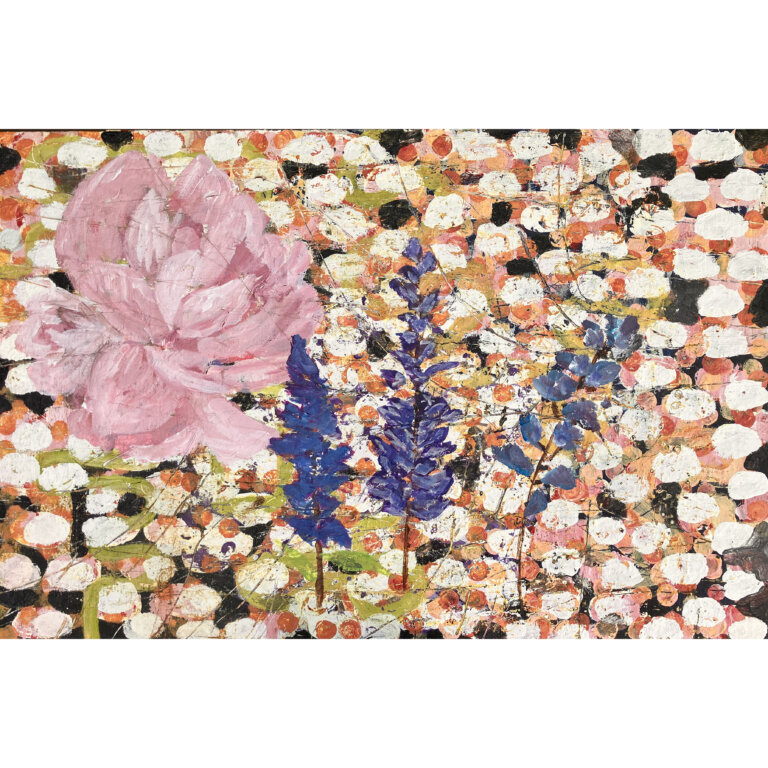 an abstract art piece with a layered background made of chunks of color in peach, chocolate brown, white, rose, and rust overlapping to create a patterned background. in the foreground there is a fluffy pink peony flower with three bluebonnet flowers to the right of it.