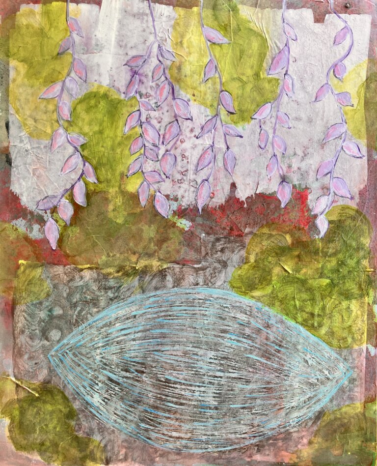 an abstract art piece of art on panel showing a large light blue seed at the bottom half of the piece. the top has light purple vines snaking down from above. the background is a mixture of colored patches, from sap green to lilac, to mauve, to white, with accents of red.