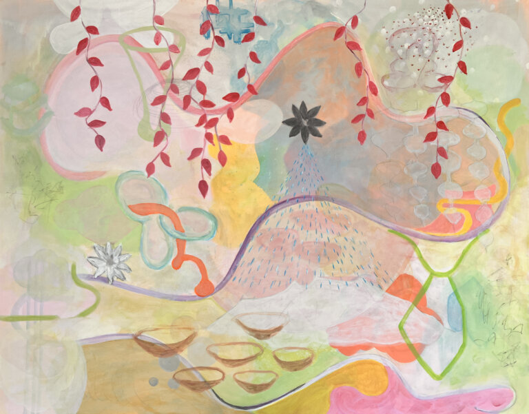 an abstract art piece with a soft color palette of pastel green, pale yellow, peach, lavender, and aqua with accents of fuchsia, yellow, grey, and coral. there are lines and wavy shapes that overlap and interlock, with 6 fuchsia vines with pointed leaves that snake down from the top. there is a small charcoal colored flower in the top center of the piece.