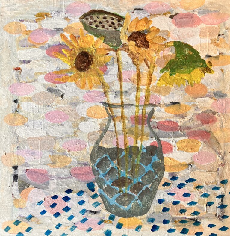 a still life that shows a pink, white, and yellow background with the idea of a table executed with small turquoise brush strokes. there is a grey and blue vase holding sunflowers on the table