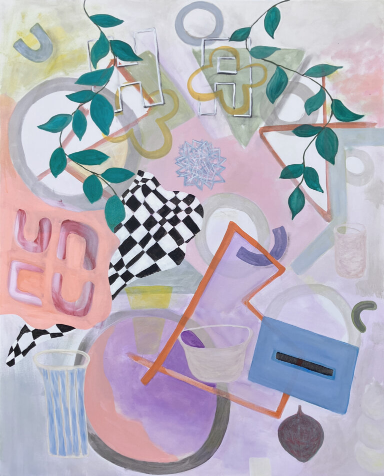 an abstract art piece with geometric and botanical elements. the background is a haze of light pink, white, lilac, pale yellow, and periwinkle. there are two emerald green leafy vines that snake down from the top.