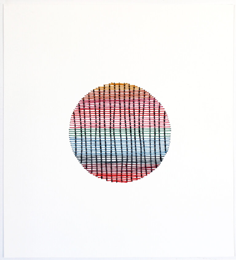 an abstract woven piece on paper created by thread embroidered on paper. the thread is embroidered in perpendicular lines that create a circle. the vertical threads are black, and the horizontal threads are stitched in bands of color starting with orange at the top, then red, pink, emerald, sky blue, brown, aubergine, and vermillion at the bottom