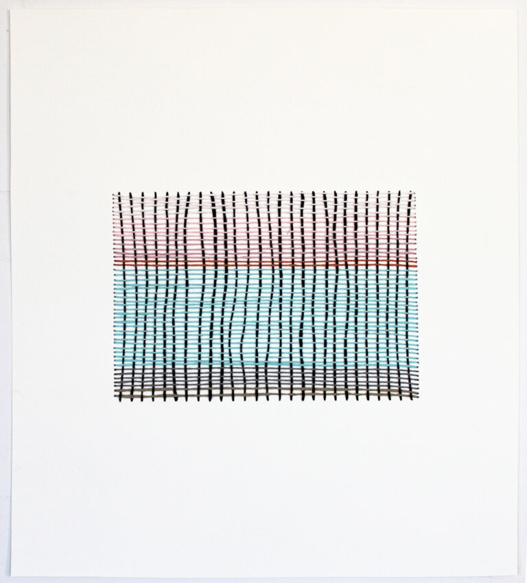 an abstract woven piece on paper created by thread embroidered on paper. the thread is embroidered in perpendicular lines that create a horizontal rectangle. the vertical threads are brown, and the horizontal threads are pink, orange, turquoise, and olive