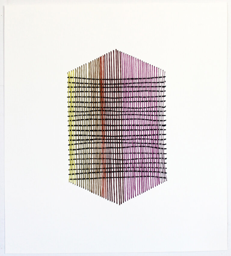 an abstract woven piece on paper created by thread embroidered on paper. the thread is embroidered in perpendicular lines that create a vertical shape like a rectangle with a triangle on top and on bottom. the vertical threads are in shades of pink, brown, orange, olive, and chartreuse. the horizontal threads are deep brown.
