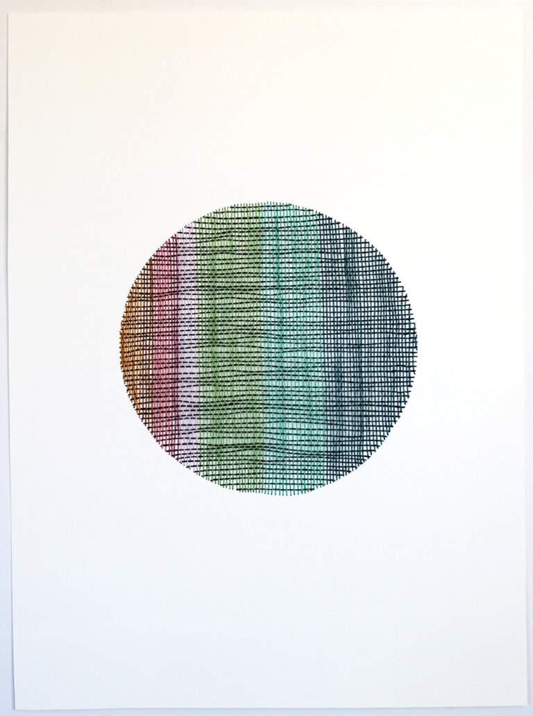 an abstract woven piece on paper created by thread embroidered on paper. the thread is embroidered in perpendicular lines that create a circle. the threads are colored turquoise, navy, green, lavender, pink, orange, and magenta. there are vertical strips of color in the circle.