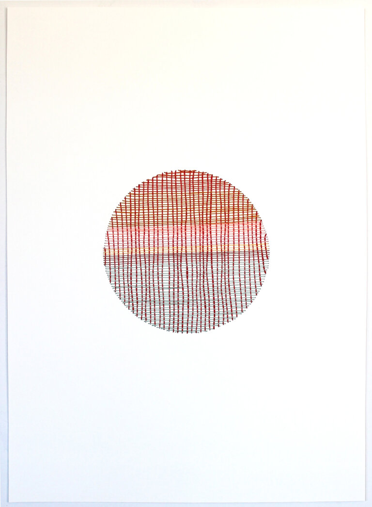 an abstract woven piece on paper created by thread embroidered on paper. the thread is embroidered in perpendicular lines that create a circle. the threads are colored pink, orange, red, rust, and brown