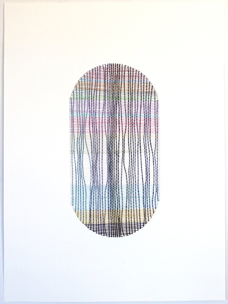 an abstract woven piece on paper created by thread embroidered on paper. the thread is embroidered in perpendicular lines that create a vertical oblong shape. the threads are colored in pink, green, yellow, sky blue, orange, and black
