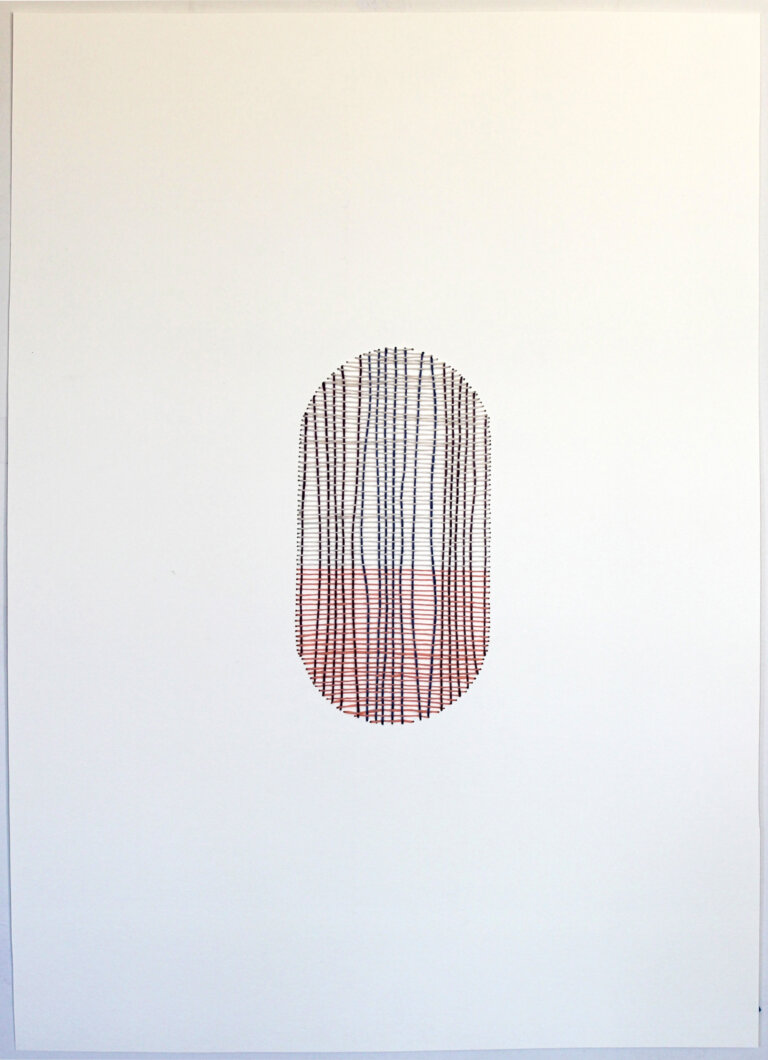 an abstract woven piece on paper created by thread embroidered on paper. the thread is embroidered in perpendicular lines that create a vertical oblong shape. the thread is colored red and dark brown