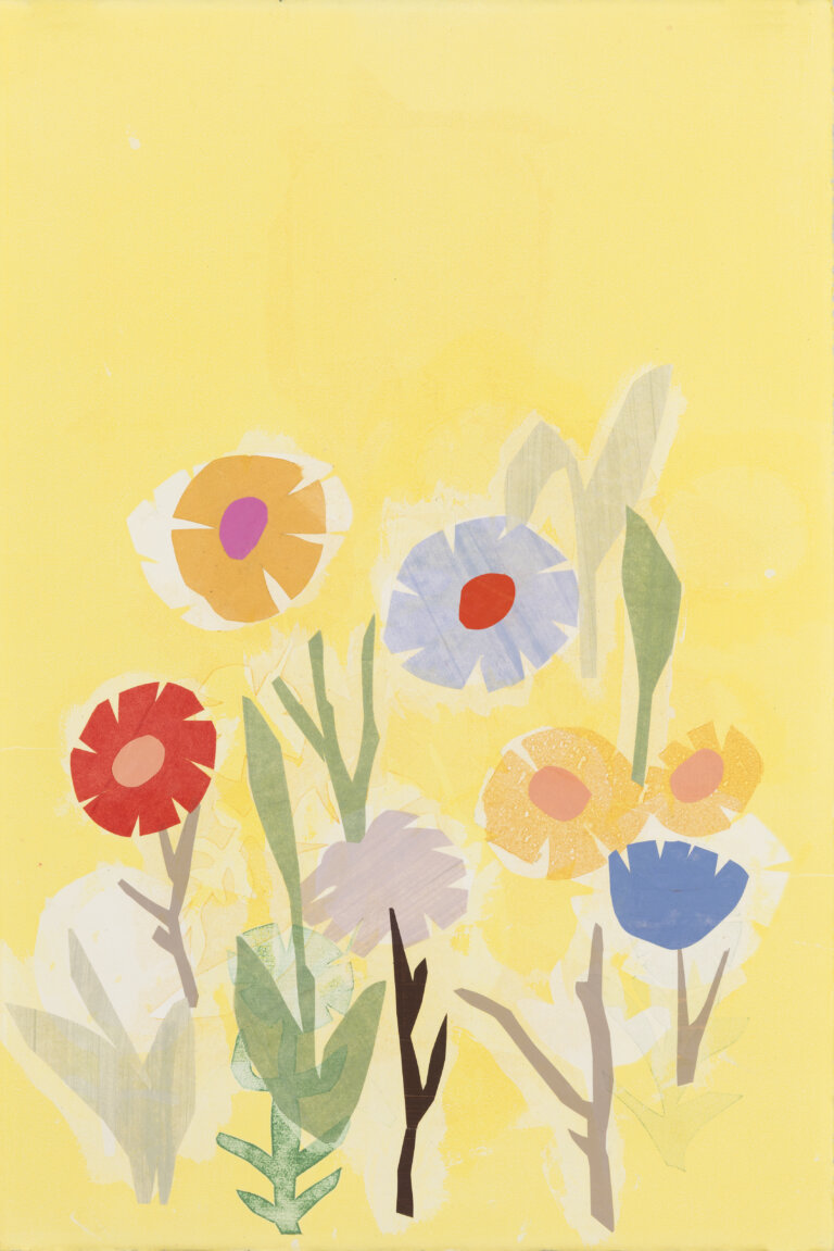 an abstract chine colle piece with a yellow background. there are flowers in shades of orange, blue, periwinkle, red, lilac, and peach with different colored centers and stems